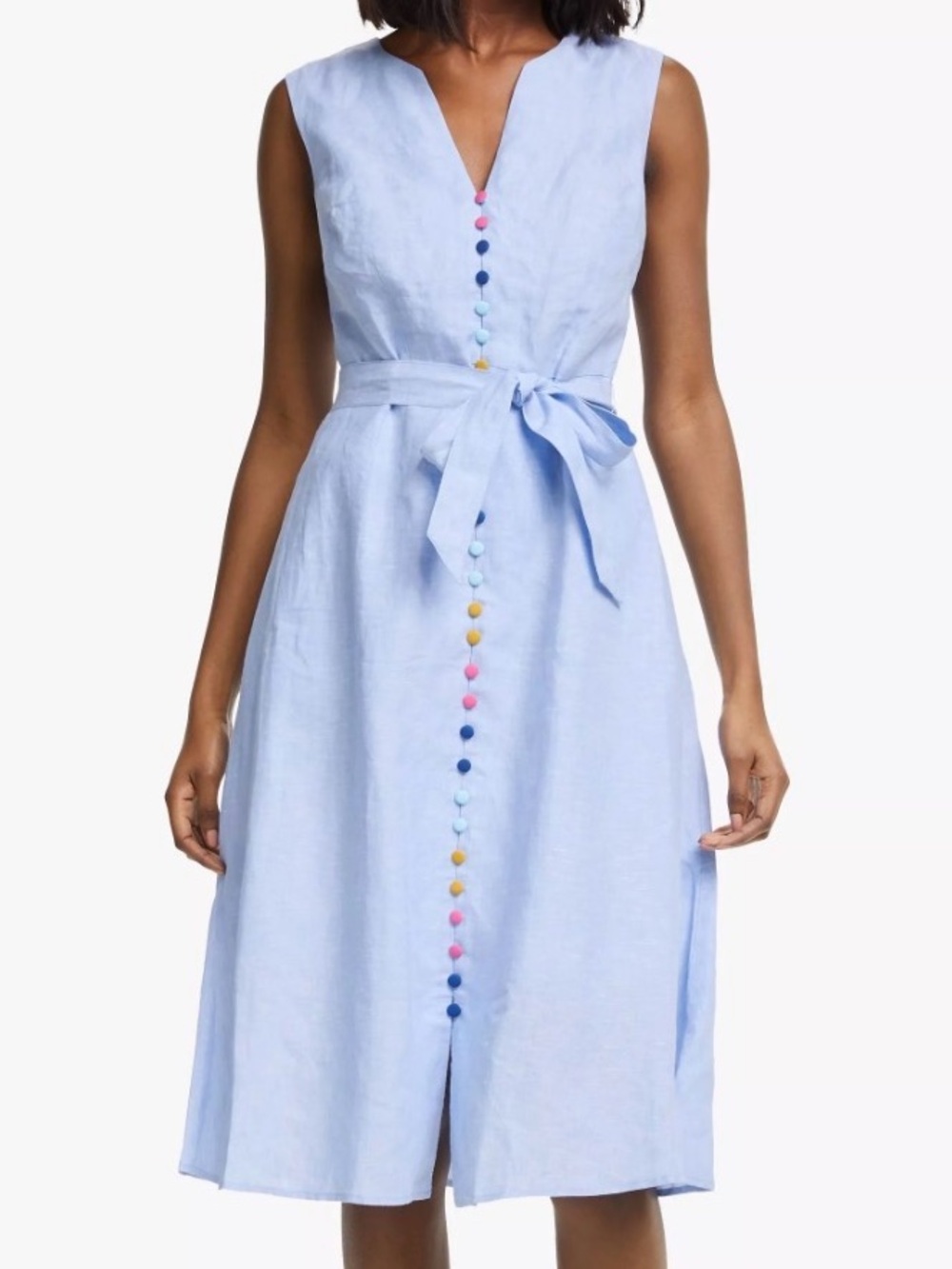 Boden Blue 100% Linen Sleeveless Midi Dress Tie Belt Colorful Buttons Size 6